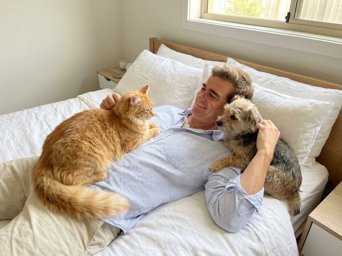 Hombre sonriendo en su cama junto a su gato y su perro